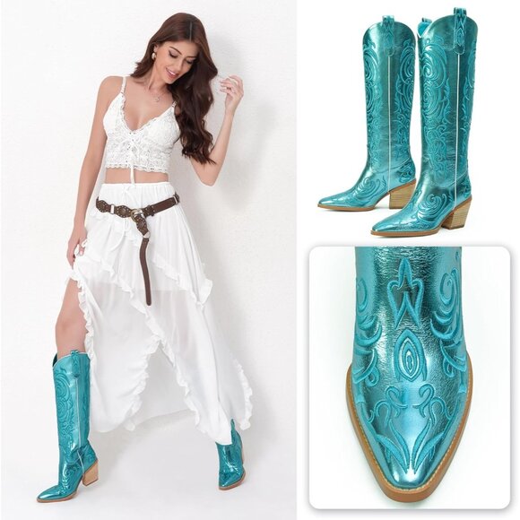 Women Metallic Blue Knee High Pointed Toe Block Heel Cowboy Western Boots - Picture 2 of 8